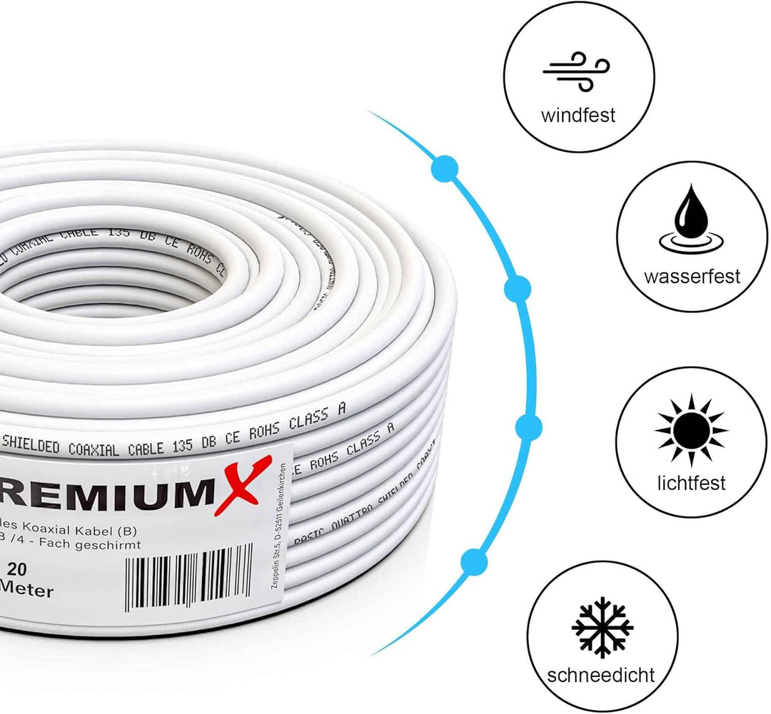 Premium X 20m BASIC Koaxialkabel 135dB 4-fach SAT Antennenkabel Koax-Kabel DVB-S / S2 DVB-C und DVB-
