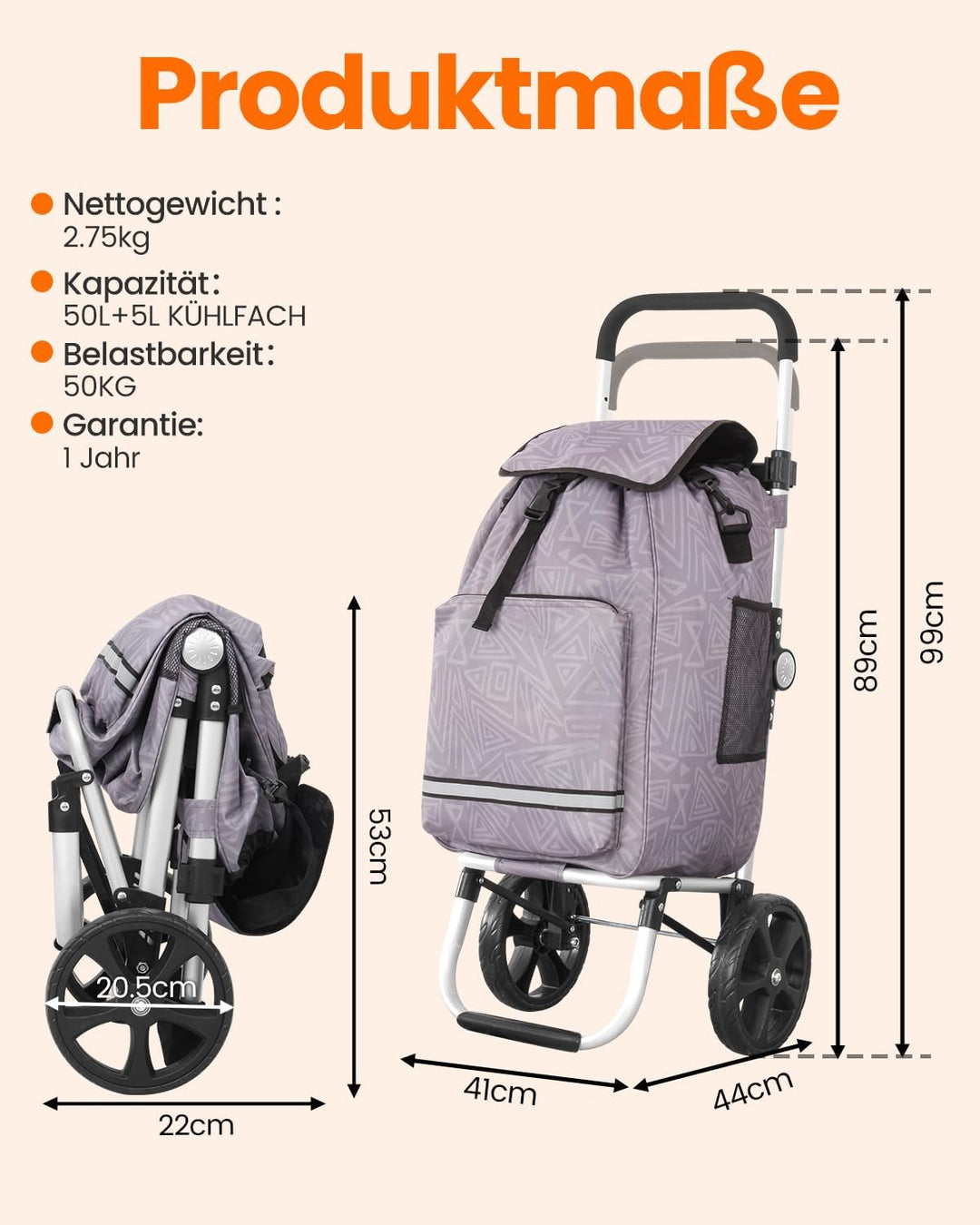 Homecall Einkaufstrolley klappbar Einkaufswagen mit 50L + 5L kühlfunktion Bis 50KG, Einkaufstasche m