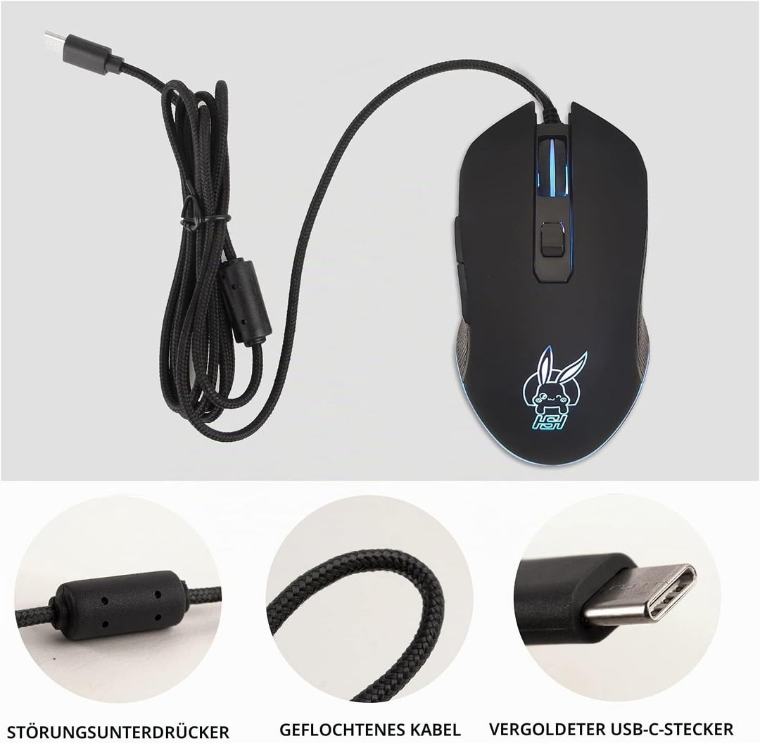 IULONEE Kabelgebundene Gaming-Maus USB C geräuscharmes Klicken 7 Farben Hintergrundbeleuchtung optis