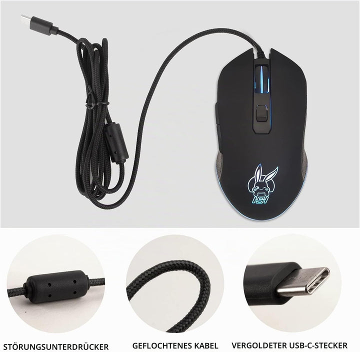 IULONEE Kabelgebundene Gaming-Maus USB C geräuscharmes Klicken 7 Farben Hintergrundbeleuchtung optis