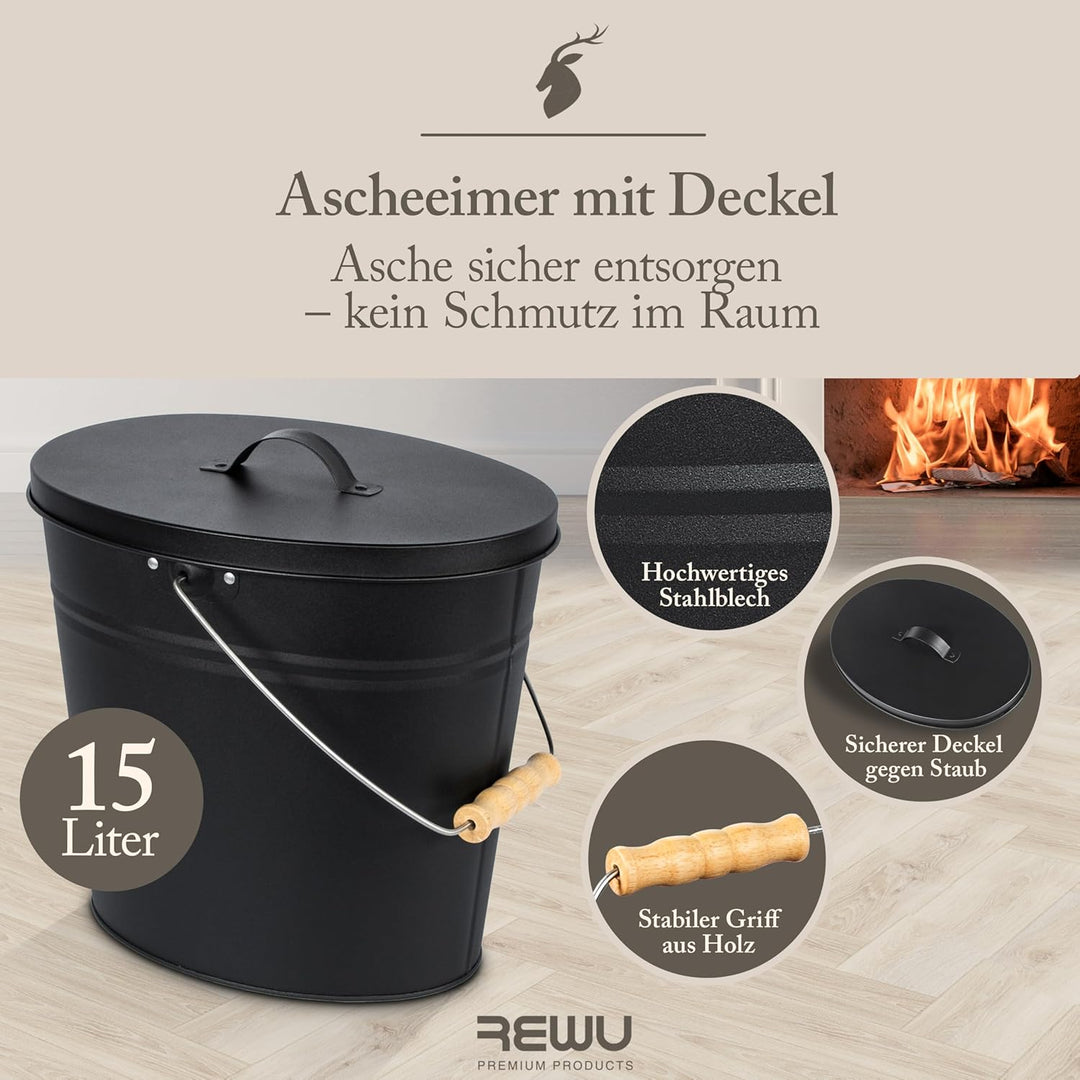 ReWu Stahleimer Ascheeimer Mehrzweckeimer oval mit Deckel für heisse Glut und Asche - Grösse 15 l -