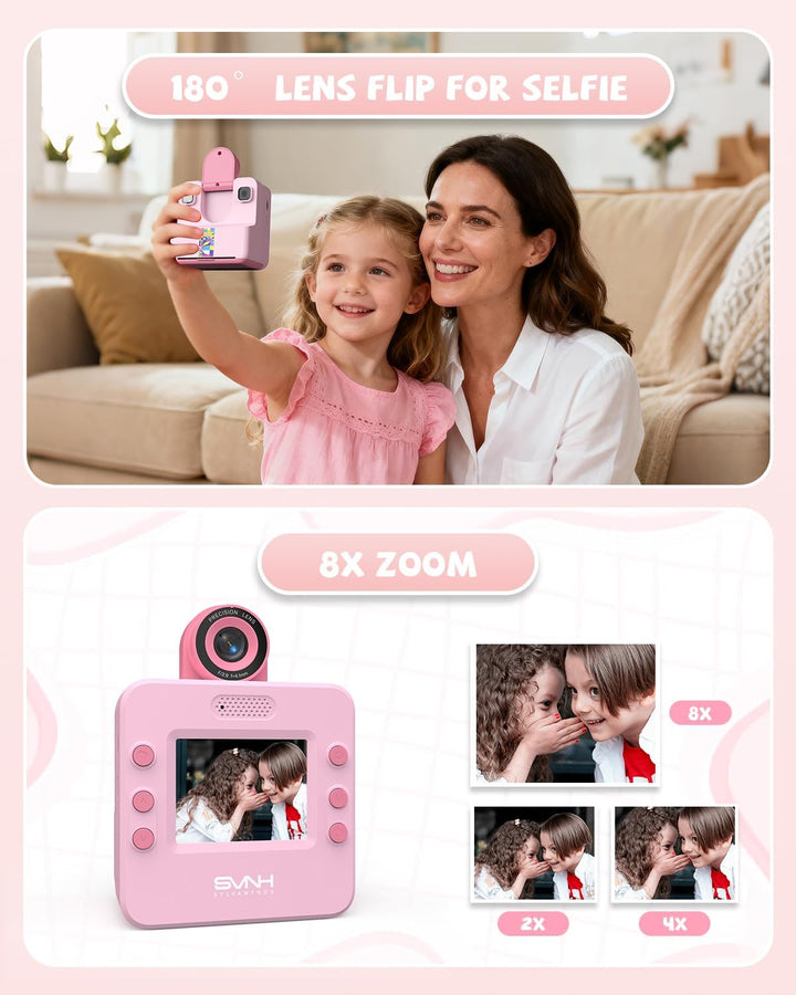 Kinder Sofortbildkamera, 1080p Sofortdruck Kamera für Kinder, 180° drehbares Selfie Objektiv mit 32G