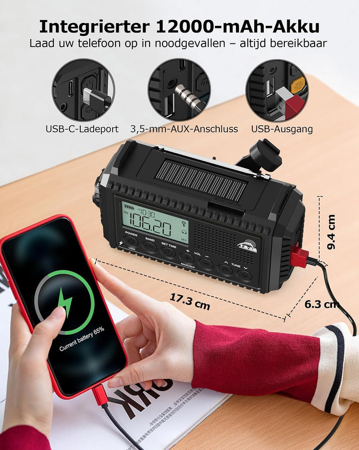 Kurbelradio, Notfallradio mit 12000 mAh Powerbank, AM/FM/SW Radio Ohne Strom, Kurbel 5-Wege Solar Ra