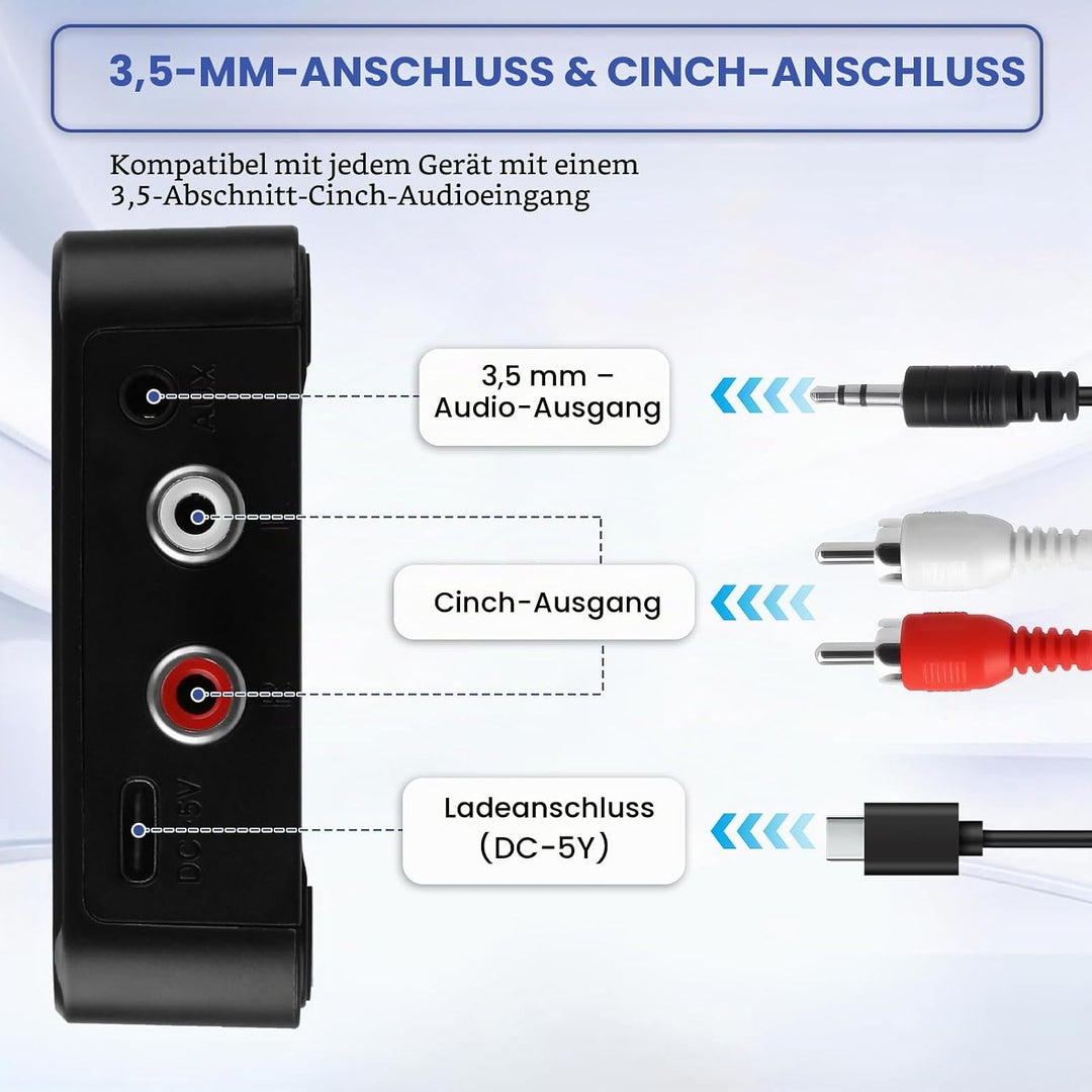 Bluetooth 5.1 Receiver mit AUX 3,5mm und RCA Adapter, Wireless Audio Empfänger für Stereoanlage und