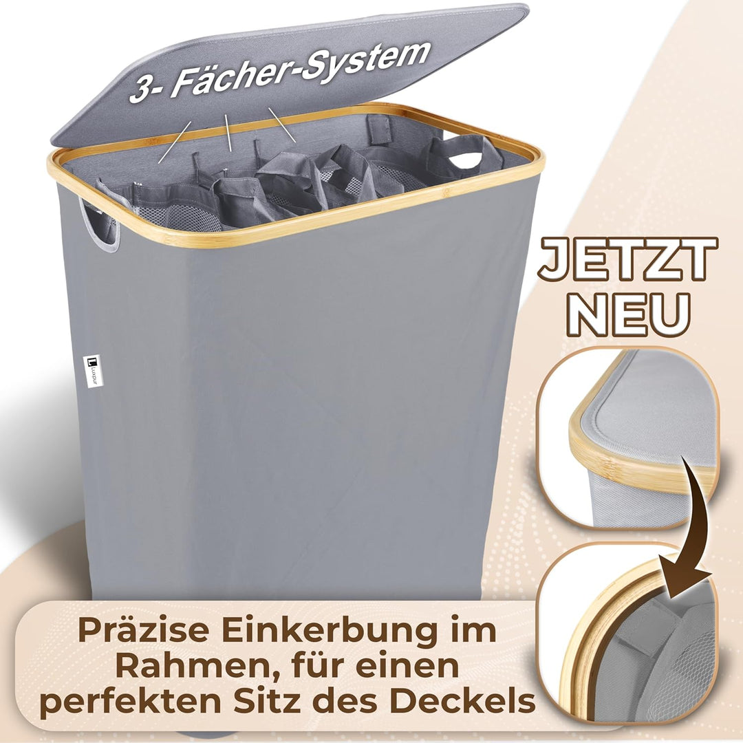 Luxpur® Wäschekorb XXL mit Deckel 3 Fächer Wäschesack Bambus Wäsche-Sortier-System Faltbare Wäschebo
