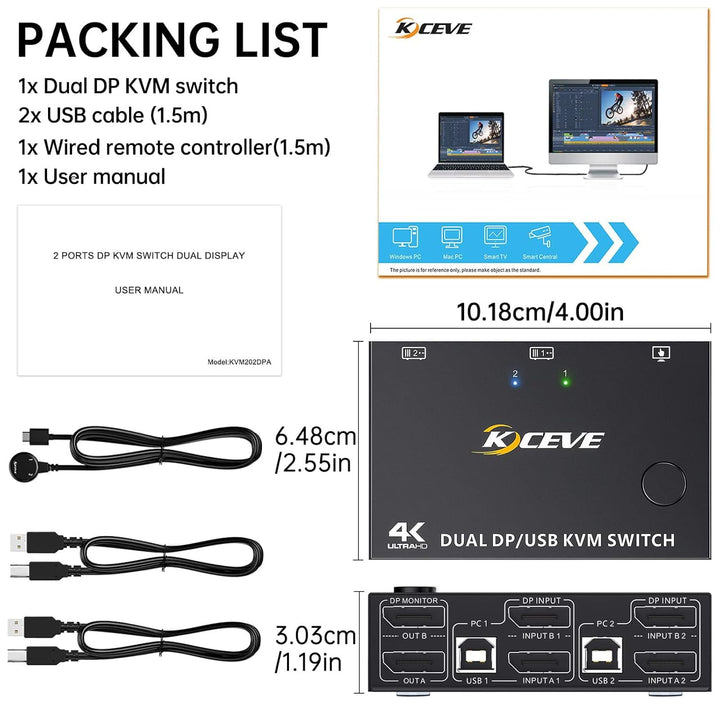Displayport KVM Switch 2 PC 2 Monitore, KVM Switch 4K@144Hz 8K@30Hz, Dual Monitor KVM Switch Display