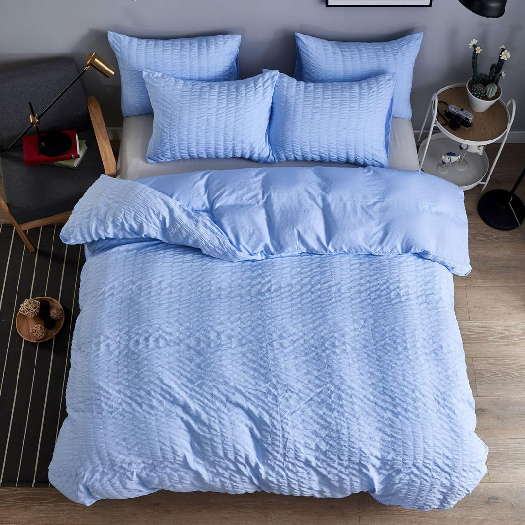 Seersucker Bettwäsche 155x220cm 2teilig Blau Geprägt Streifen Strukturiert Bettwaren-Sets Uni Gebürs