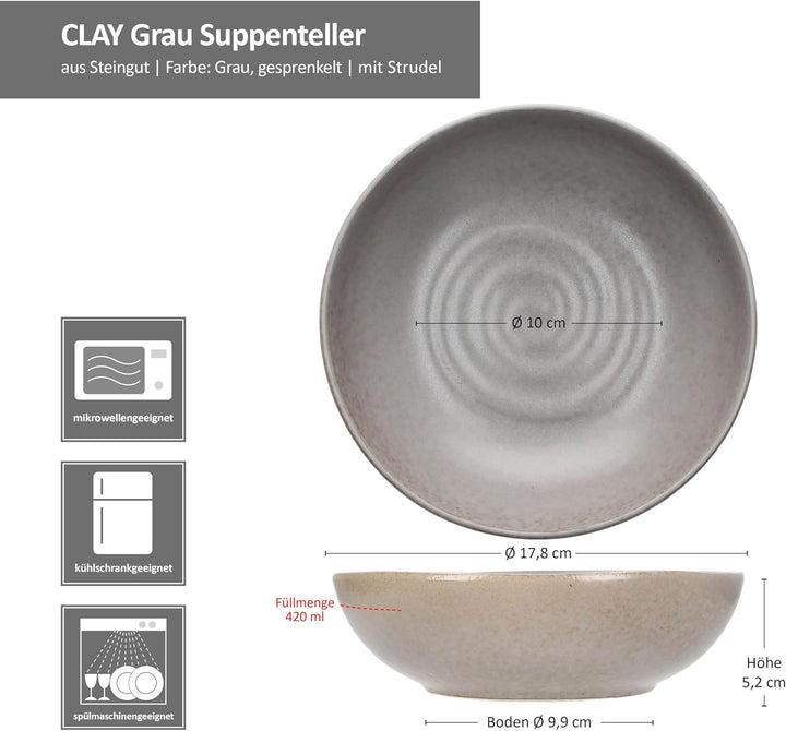 MamboCat CLAY GRAU 6er Set Suppenteller I 420ml, Ø17,8cm I tiefe Teller aus Steingut I grau mit Stru