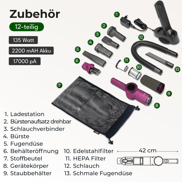 LEBENLANG Handstaubsauger Akku TESTSIEGER - Dual-Filter & Li-Ion I Inkl. Ladestation I 17000PA Hands