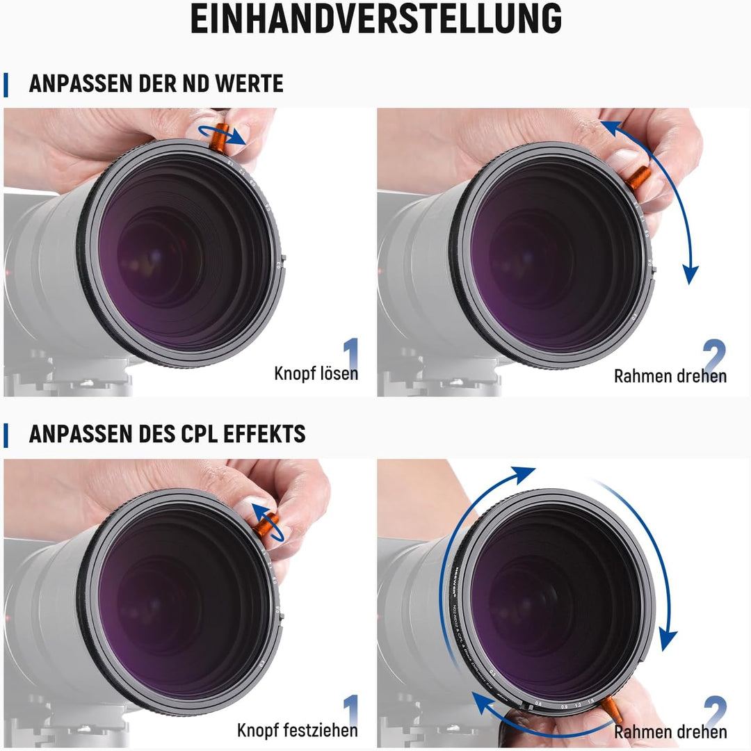 NEEWER 58mm 3 in 1 variabler ND Filter + CPL + Black Diffusion 1/4, ND2-32 (1-5 Stop) Kamera Objekti