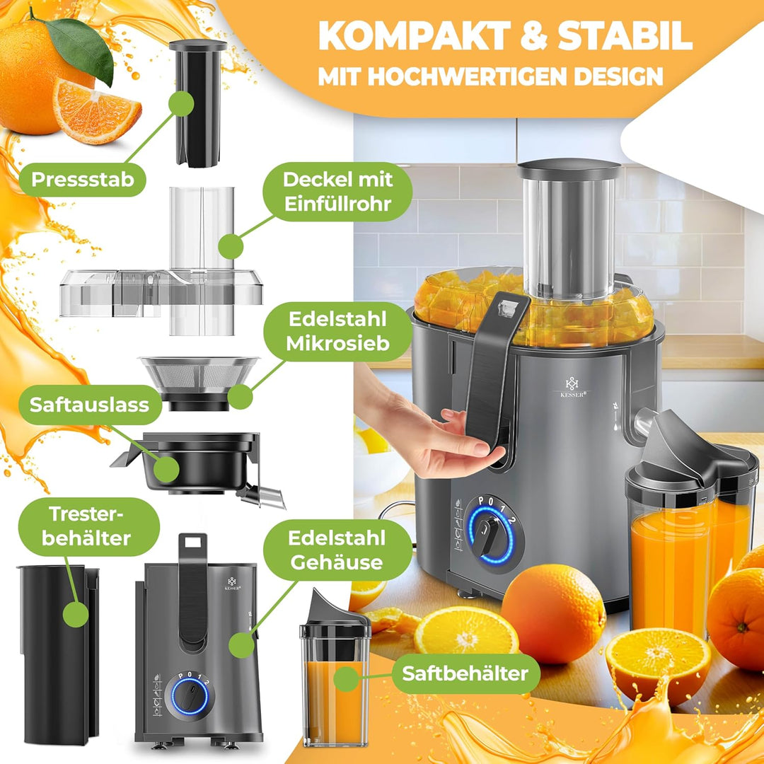 KESSER® Zentrifuge Entsafter für Obst | Gemüse aus Edelstahl 1100W, grosse Fütterungsröhre, 3 Stufen