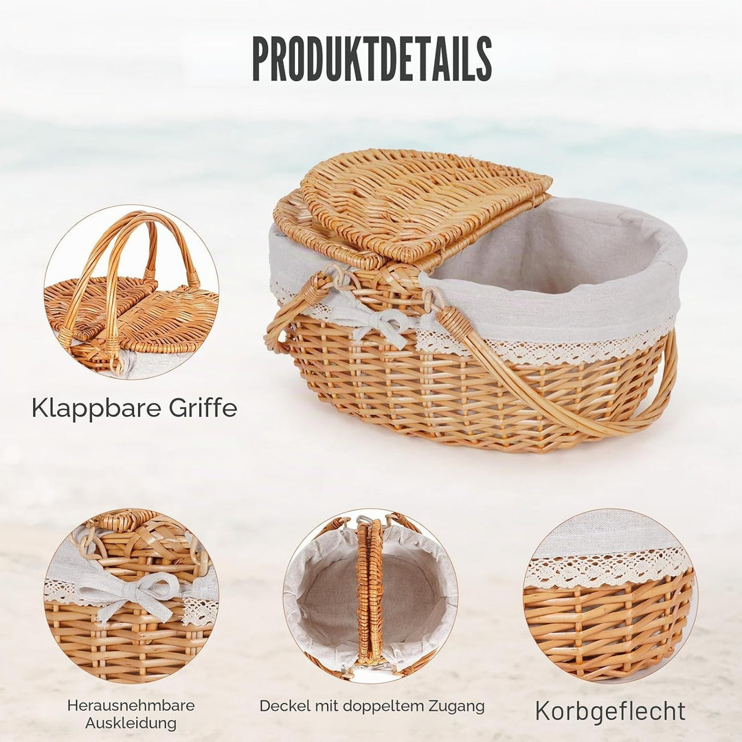 Happypicnic Picknickkorb aus Weidengeflecht mit Griff, 38,1 cm grosser, leerer Picknickkorb mit Deck