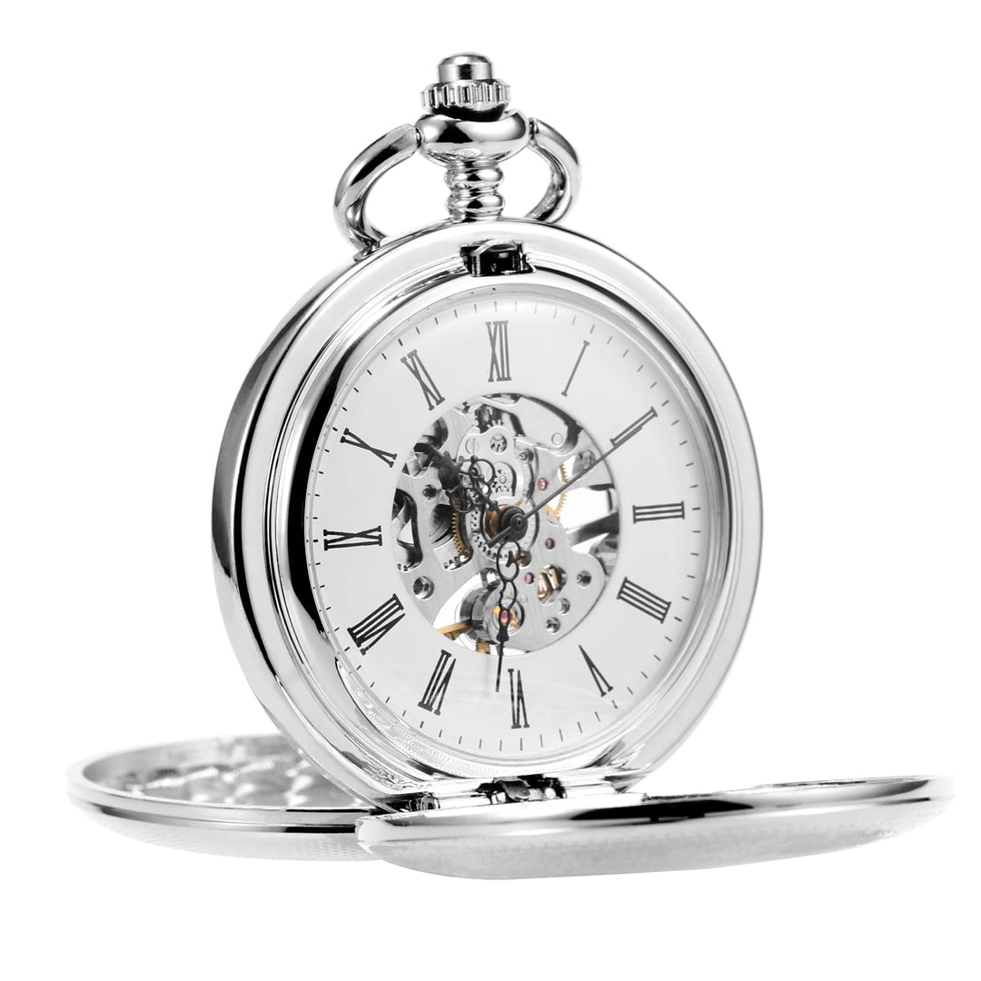 TREEWETO Herren-Taschenuhr mit doppeltem offenem Gehäuse, mechanischer Handaufzug, silberfarbene Tas