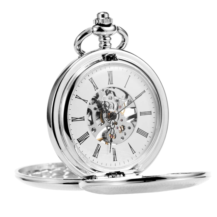 TREEWETO Herren-Taschenuhr mit doppeltem offenem Gehäuse, mechanischer Handaufzug, silberfarbene Tas
