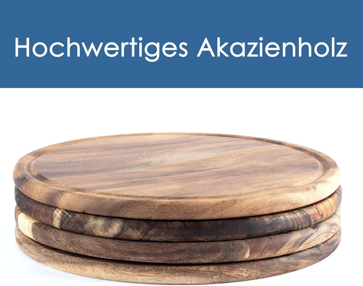 Fleischteller Akazie Ø 25 cm – 4er Set Holzteller rund – Vesperteller, Brotzeitbrett, Servierbrett,
