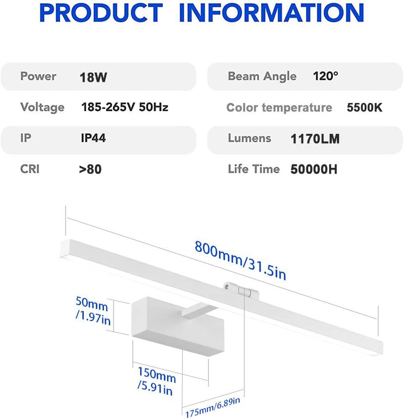 Klighten LED Spiegelleuchte 80CM 5500K Weisslicht IP44 Wasserdichte 180° Rotation Badleuchte Wandbel