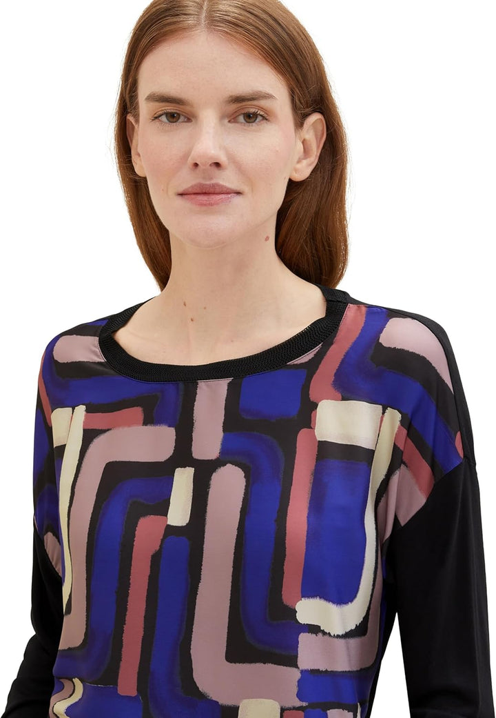 TOM TAILOR Damen Basic Langarmshirt mit Muster XXS 33970 - Black Abstract Design, XXS 33970 - Black
