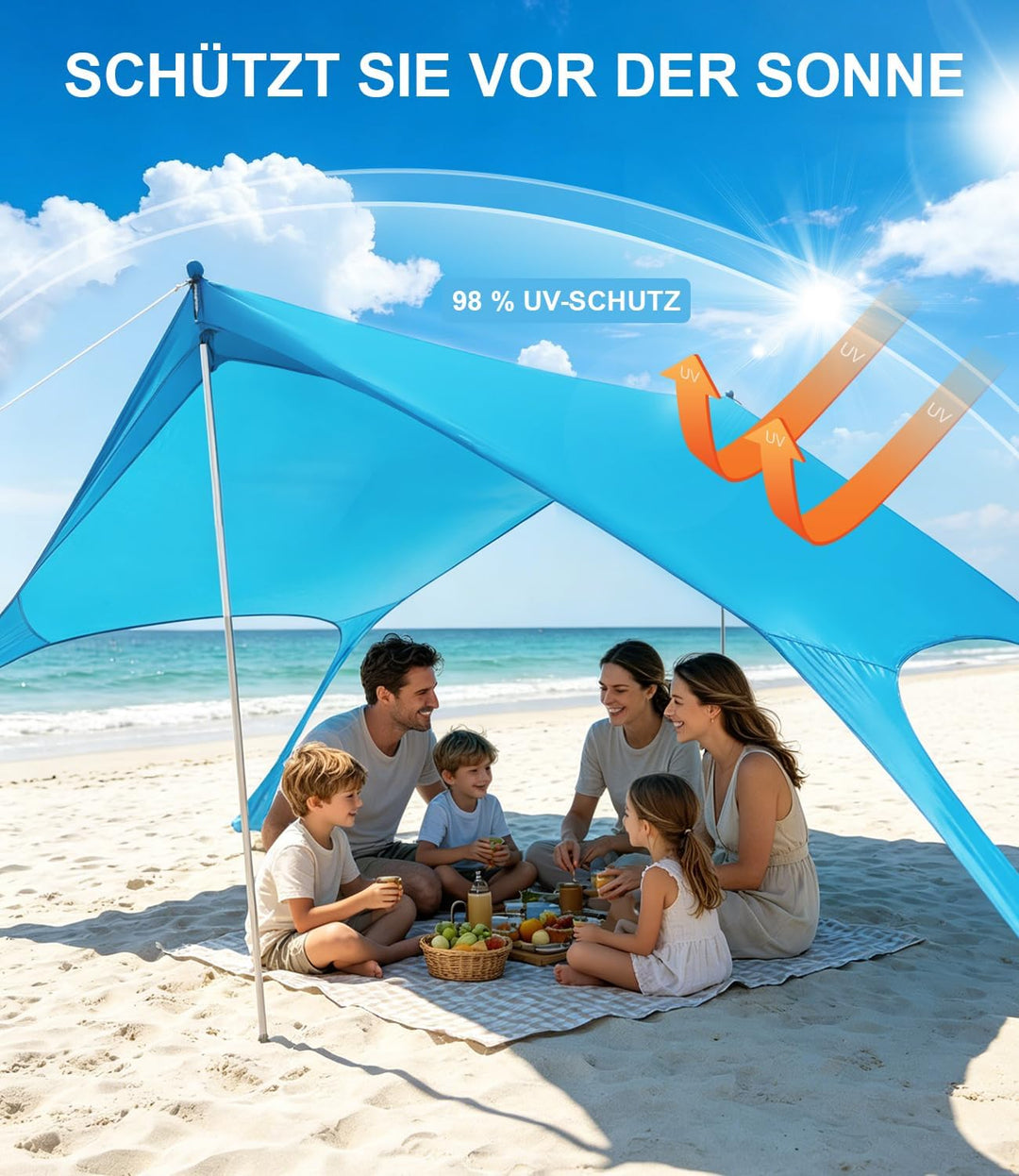 UPF50+ Strandzelt 3m x 3m, Schatten Zelt Strandmuschel Beachmit Sandschaufel & Erdnägeln und 4 Stütz