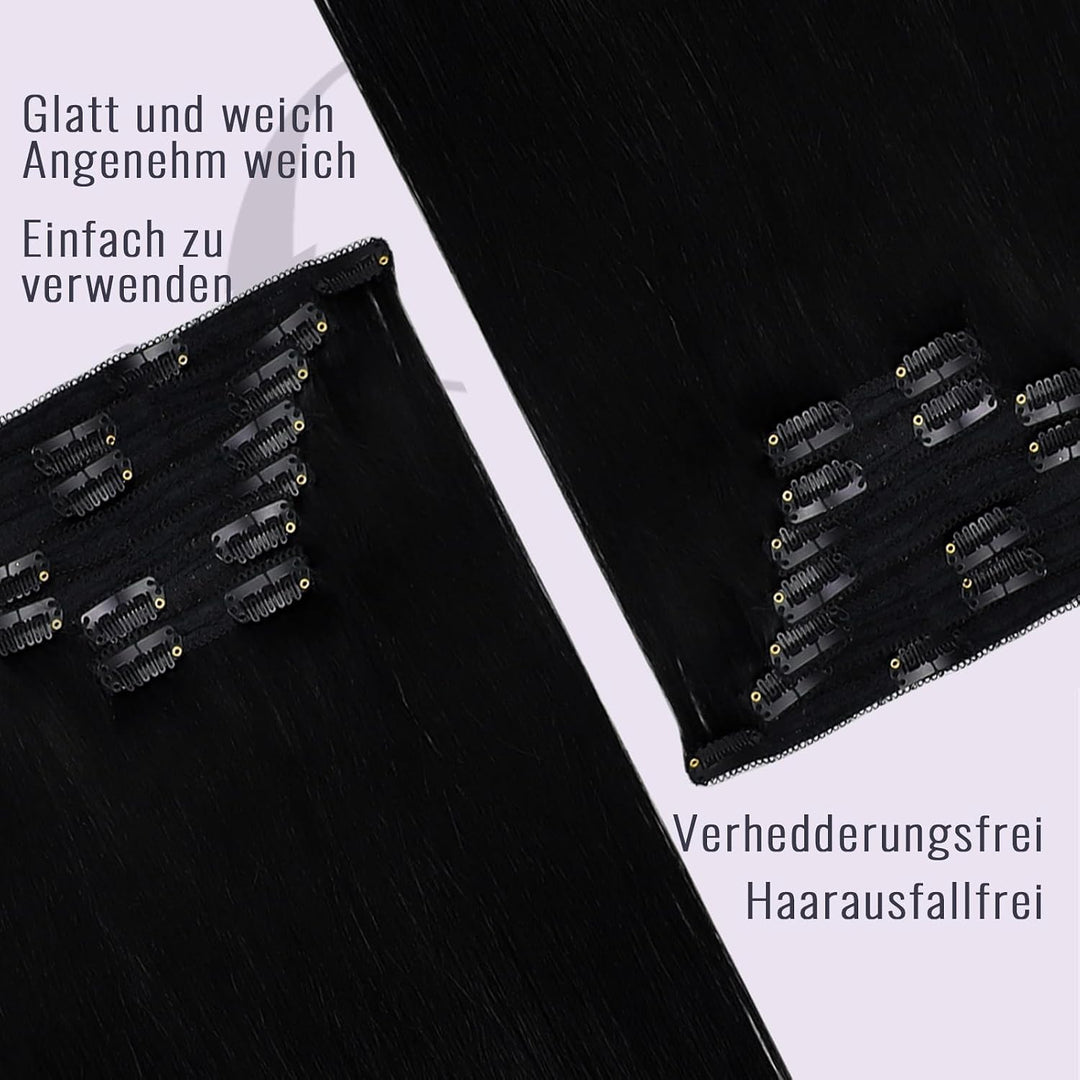 Clip in Extensions Echthaar Schwarz, 7 Stücke 120 g, 40 cm, seidig, Echthaar Haarverlängerung Clip i