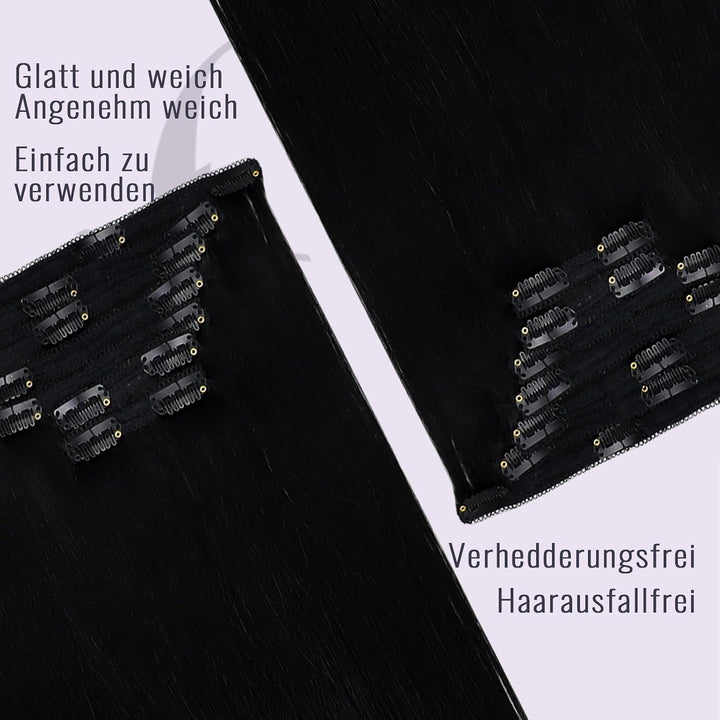 Clip in Extensions Echthaar Schwarz, 7 Stücke 120 g, 40 cm, seidig, Echthaar Haarverlängerung Clip i