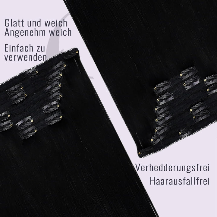 Fshine Clip in Extensions Echthaar Tief Schwarz, 7 Stücke 120 g, 35 cm, Schnelle Installation, Brazi