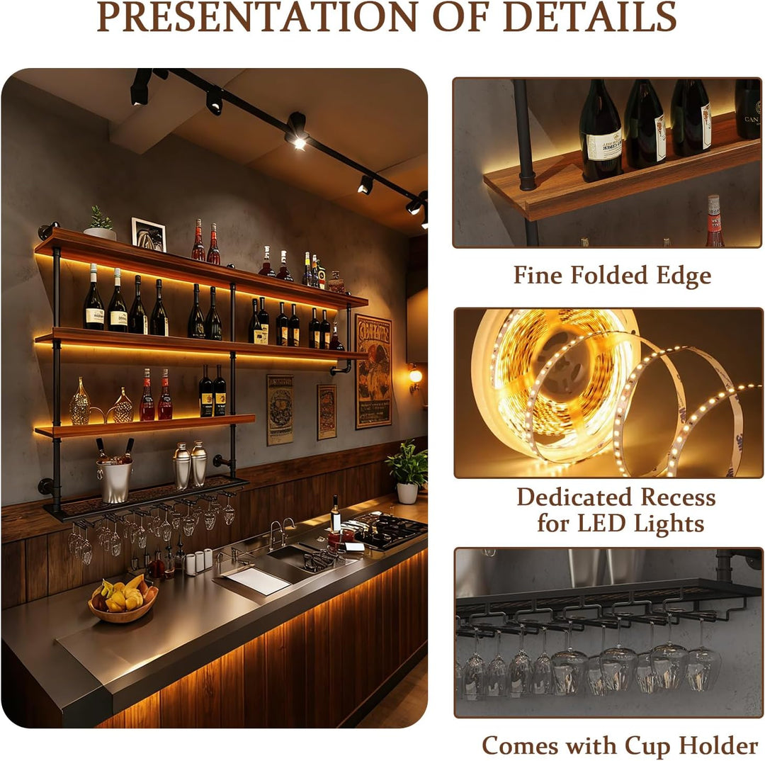 80cm Weinregal Zur Wandmontage mit Wein Glashalter, Massivholz Wandmontierte Weinregal mit LED-Licht