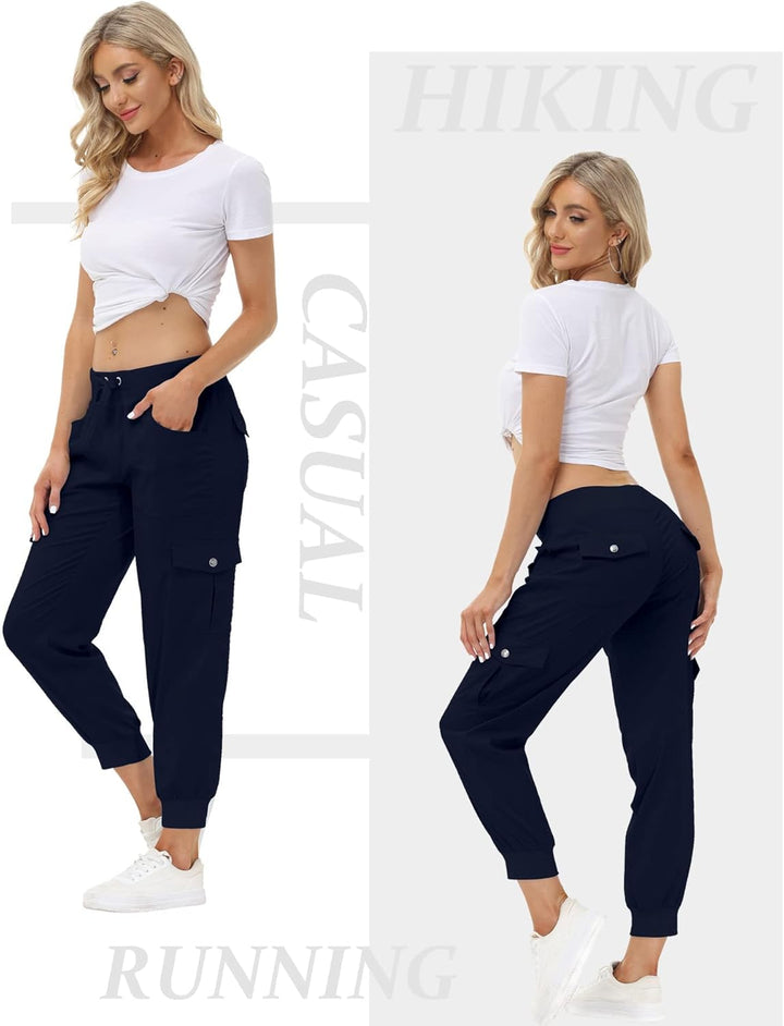 JINSHI Hosen Damen Cargohose Lange Capri Freizeithose Outdoor Jogginghose High Waist mit Kordelzug 3