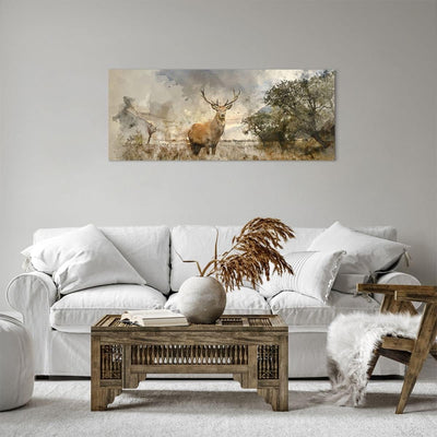 Panorama Bilder auf Leinwand 100x40cm Leinwandbild mit Rahmen rotwild natur Gross Wanddeko Bild Schl