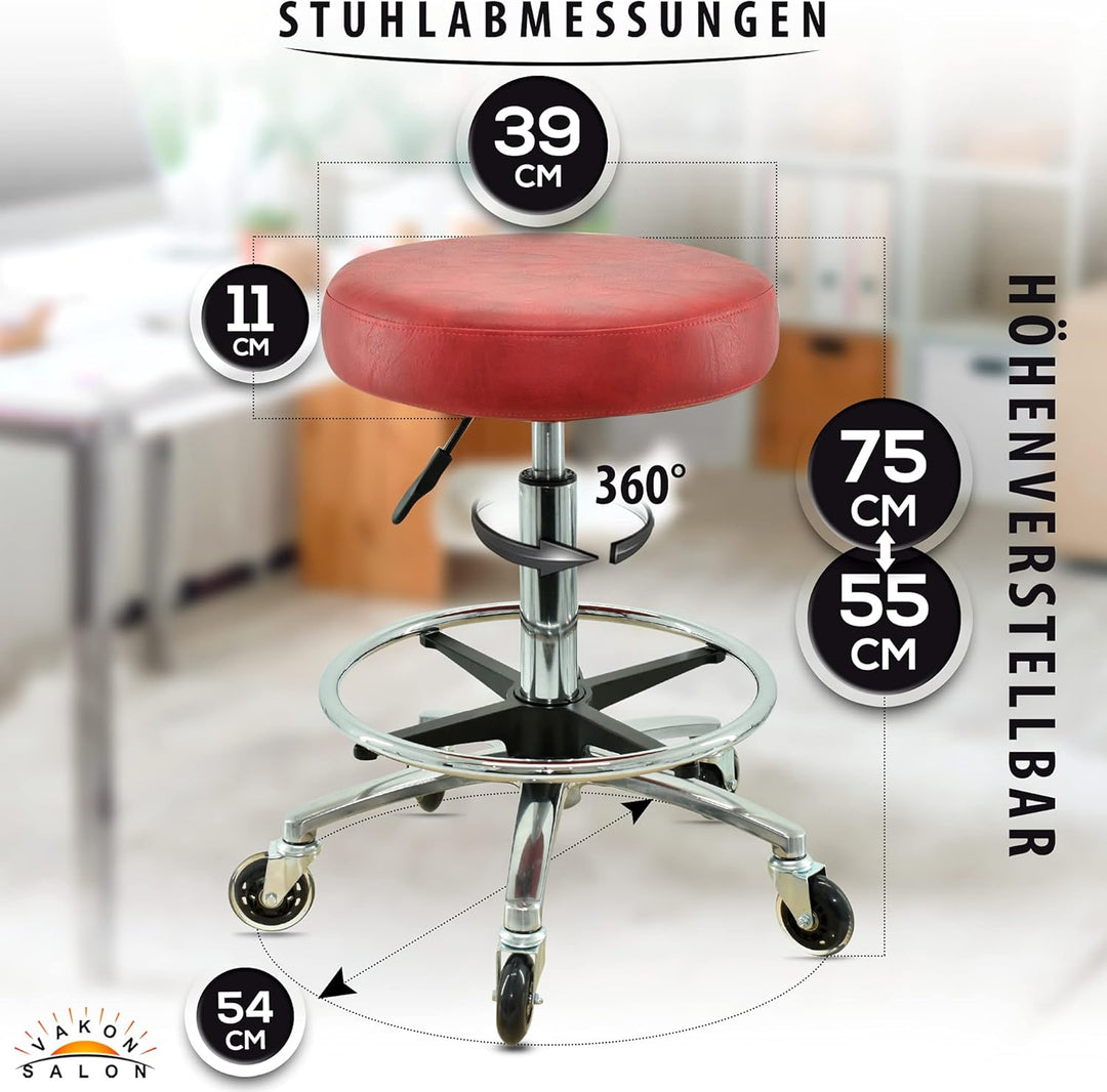 Premium Rollhocker Rot mit Fussring - Höhenverstellbar von 55-75 cm - Rundsitz Drehhocker Arbeitshoc