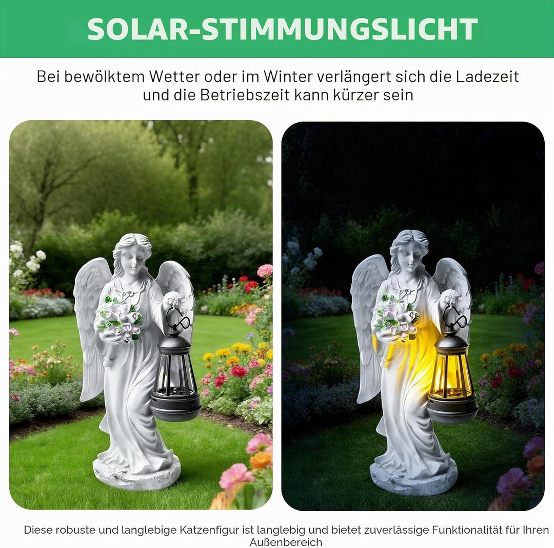 GOMETY Solar Engel Gartenstatuen, Schutzengel-Figur mit LED Solar Laterne, Grablicht Outdoor-Deko, E
