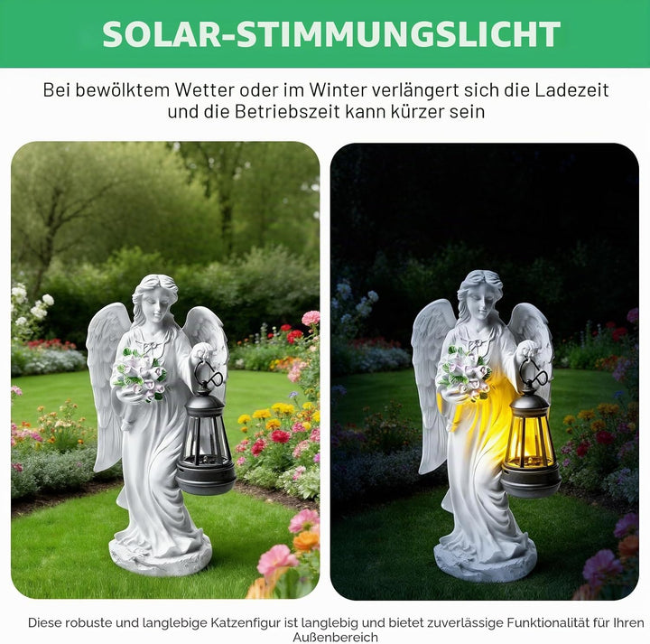 GOMETY Solar Engel Gartenstatuen, Schutzengel-Figur mit LED Solar Laterne, Grablicht Outdoor-Deko, E