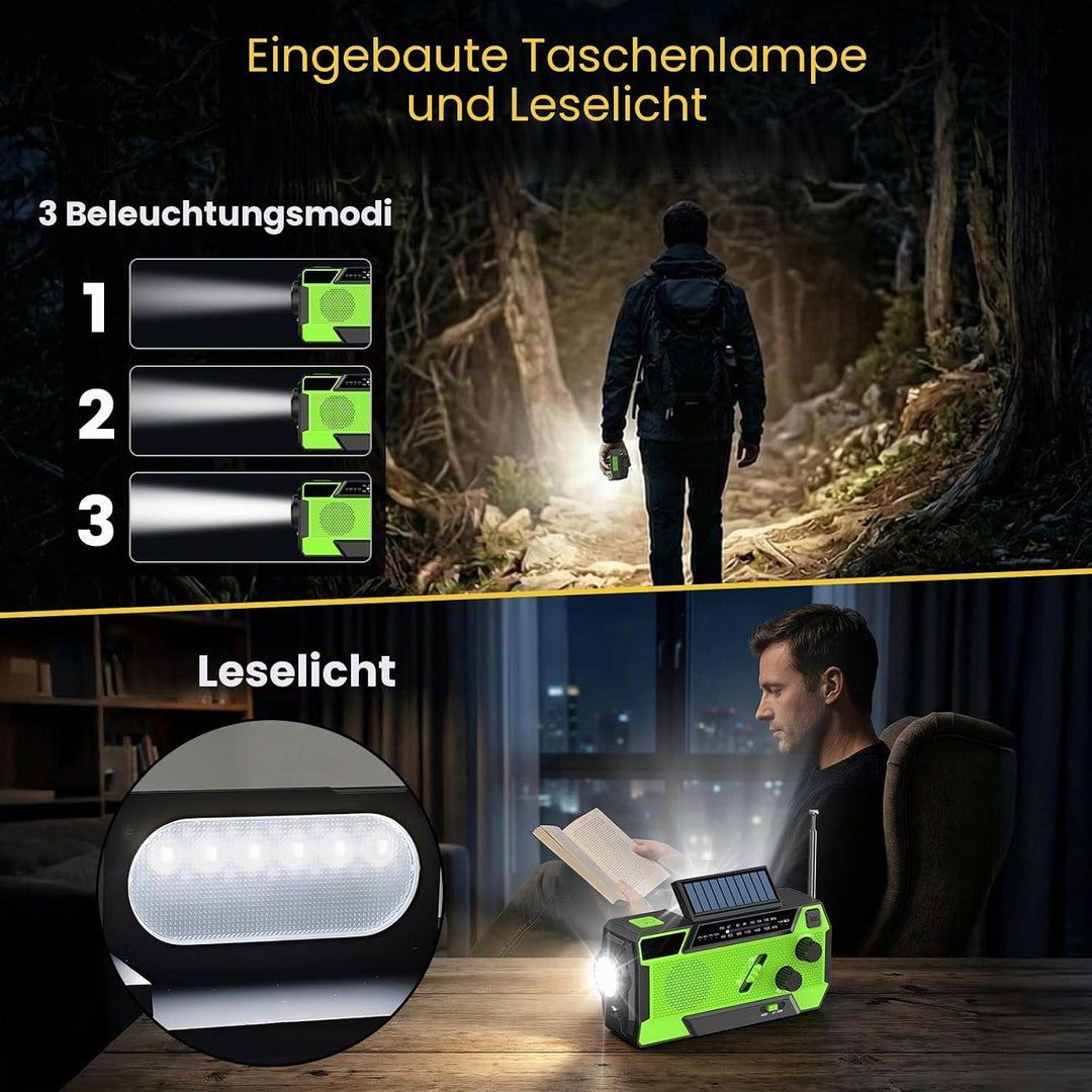 Kurbelradio, Radio mit Kurbel und Solar Notfall Ausrüstung mit 3 integrierten Kabeln, 4000mAh Notfal