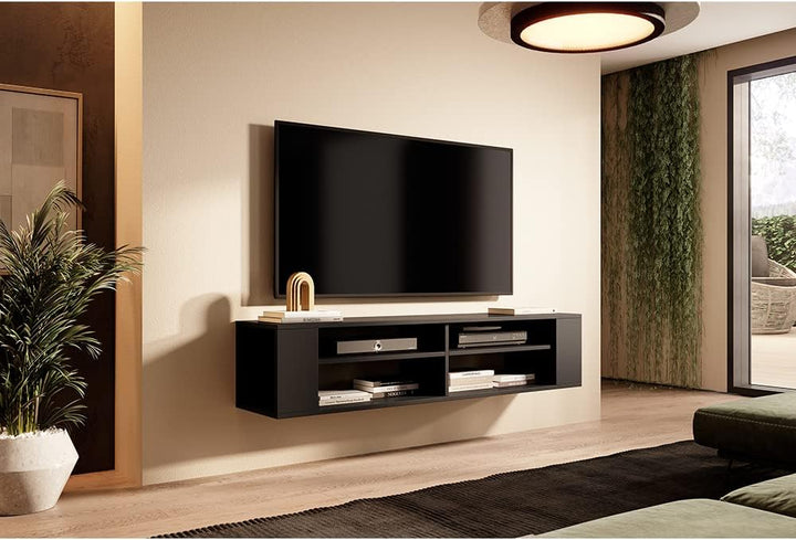 Selsey Weri - TV-Board hängend mit 4 offenen Fächern, minimalistisch, 140 cm breit (Schwarz), Schwar