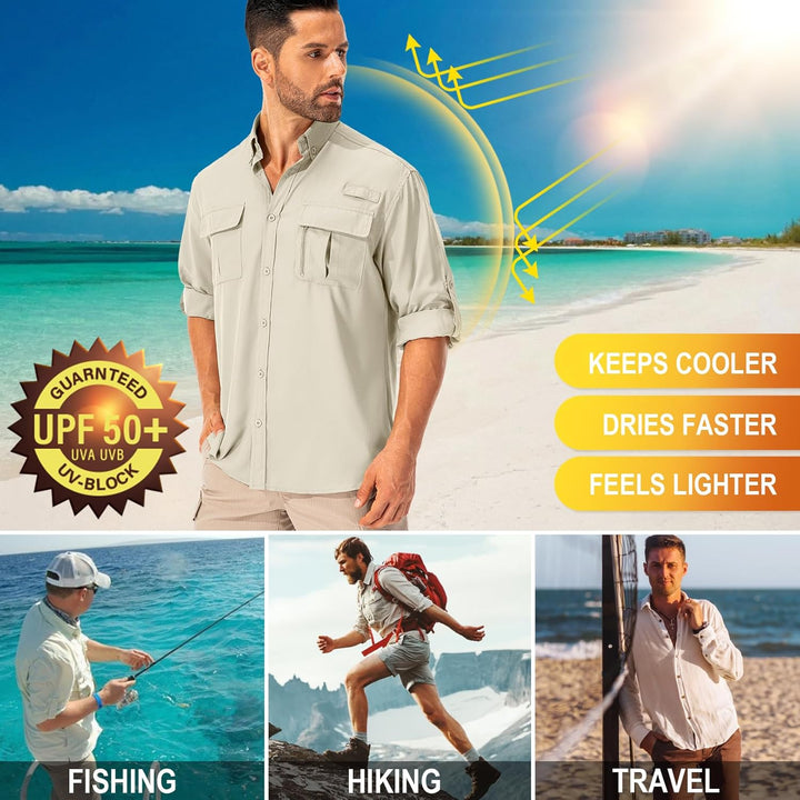 Hemd Herren Safari UPF50+ UV Schutz Wanderhemd Herren Langarm Funktionshemd Outdoorhemd Atmungsaktiv