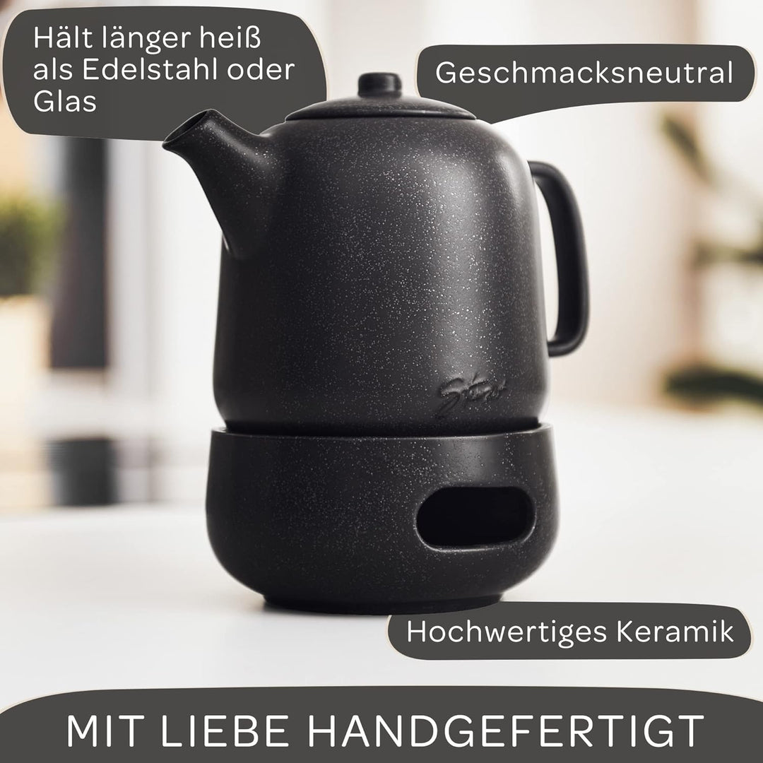 STEINZEIT Design Teekanne mit Stövchen (1,3L) – mit Siebeinsatz aus rostfreiem 304 Edelstahl – Keram