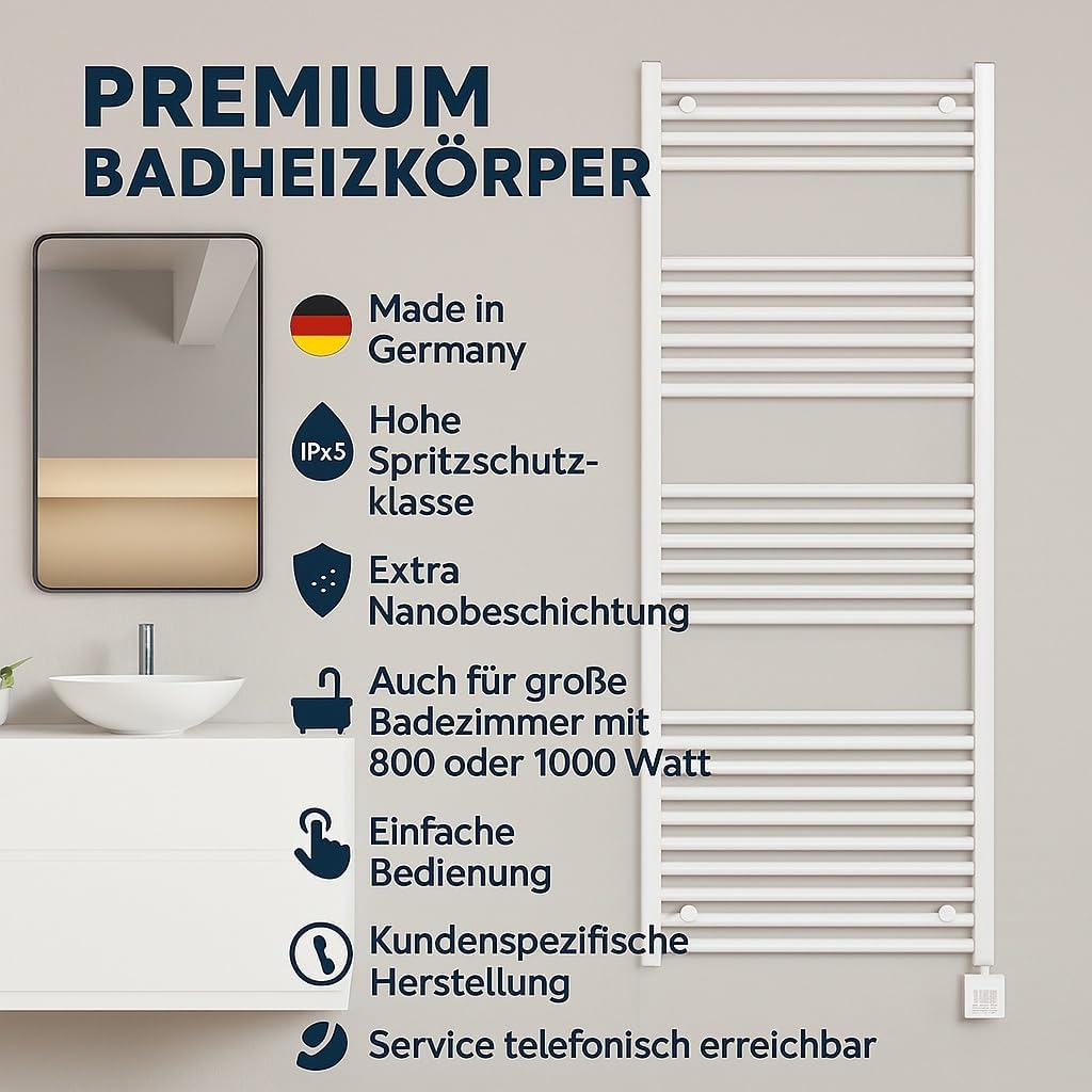 anapont elektrischer Badheizkörper 775h x 400b - gerade - weiss - Timer-Funktion - Handtuchheizkörpe