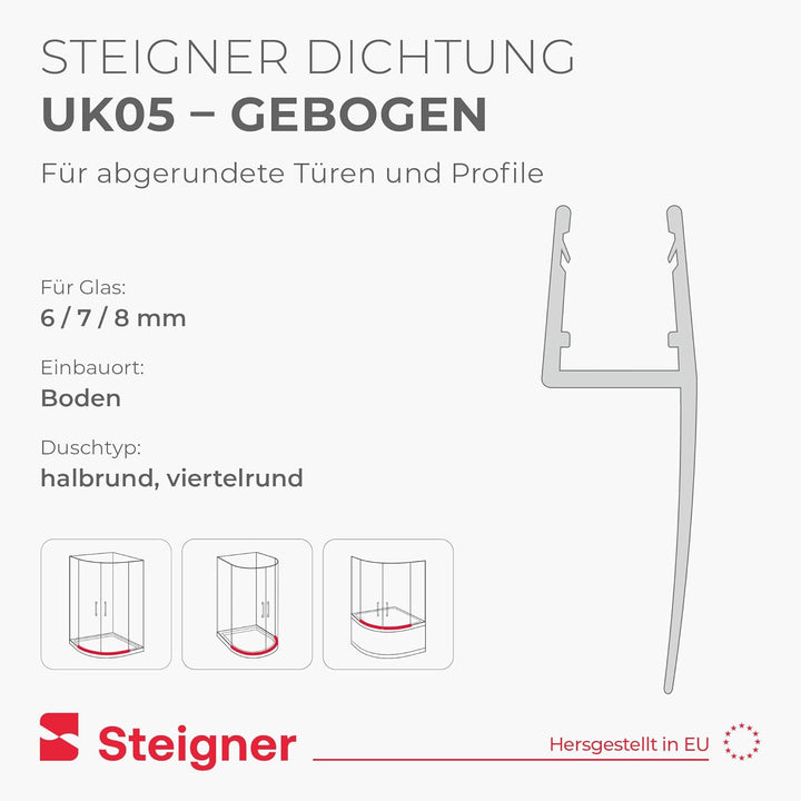 STEIGNER Duschdichtung, 120cm, Glasstärke 6/7/ 8 mm, Vorgebogene PVC Ersatzdichtung für Runddusche,