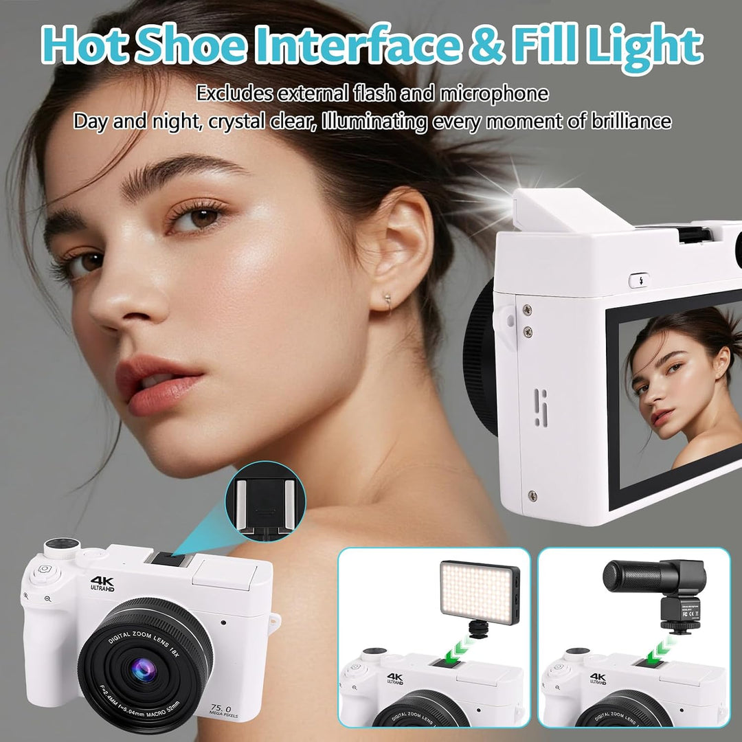 4K 75MP Digitalkamera mit WLAN, 3 Zoll LCD-Bildschirm Fotokamera mit 18X Zoom, Front und Rückobjekti