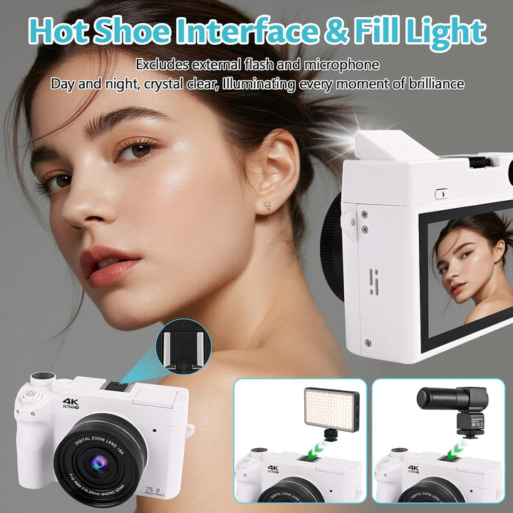 4K 75MP Digitalkamera mit WLAN, 3 Zoll LCD-Bildschirm Fotokamera mit 18X Zoom, Front und Rückobjekti
