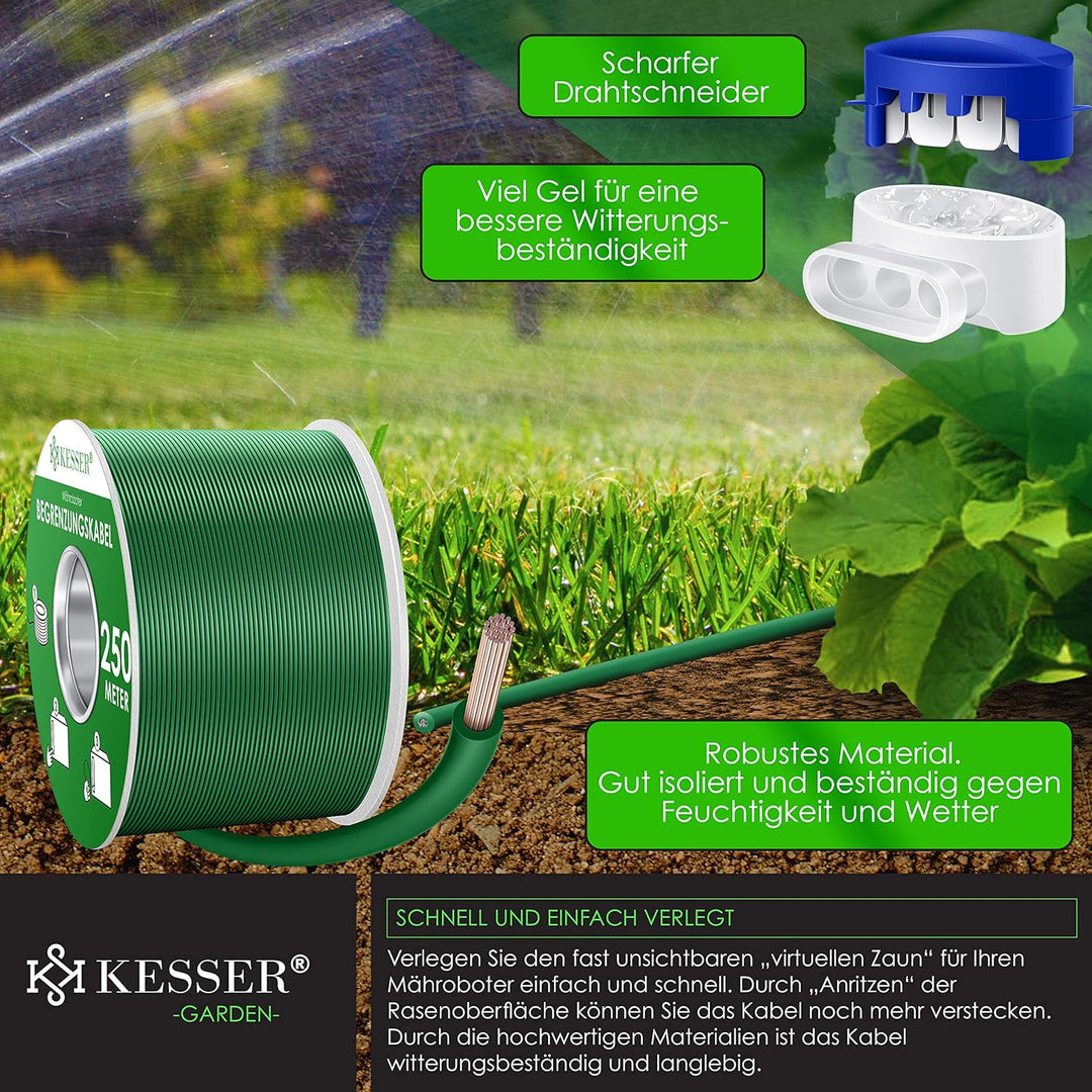 KESSER® Begrenzungskabel 250m + 12 Kabelverbinder für Mähroboter Rasenmäher Rasenroboter Zubehör Set