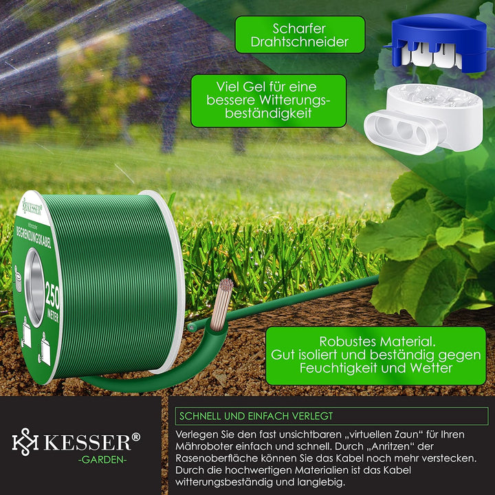 KESSER® Begrenzungskabel 250m + 12 Kabelverbinder für Mähroboter Rasenmäher Rasenroboter Zubehör Set
