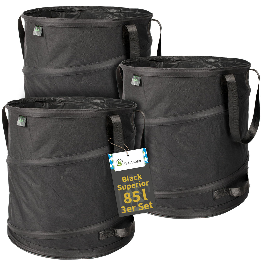 TTL Garden BLACK SUPERIOR 3x 85L Pop Up Gartensack - DOPPELTER BODEN 260gsm extra stabil 600D Oxford