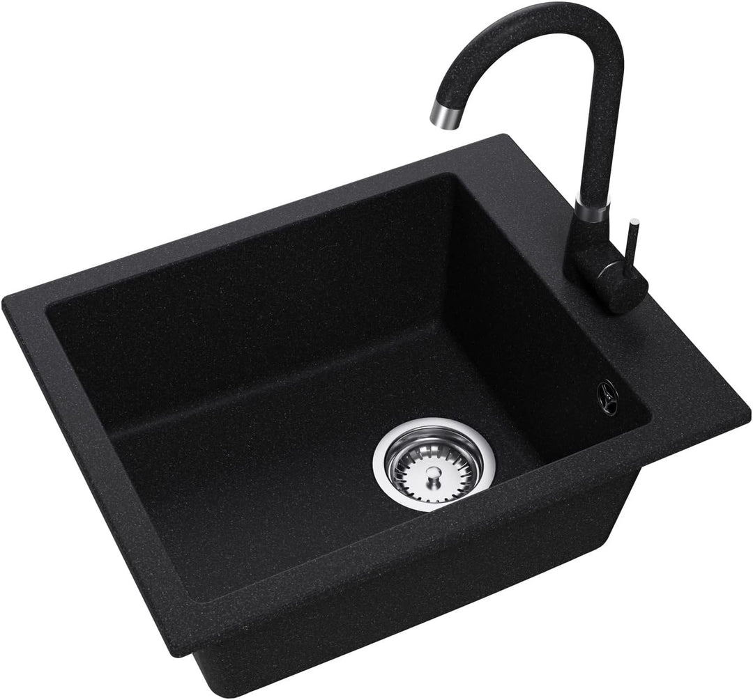 GRANMASTER Ivo Granitspüle 1 Becken mit Armatur und Siphon - Spülbecken Arbeitsplatte Küche Waschbec
