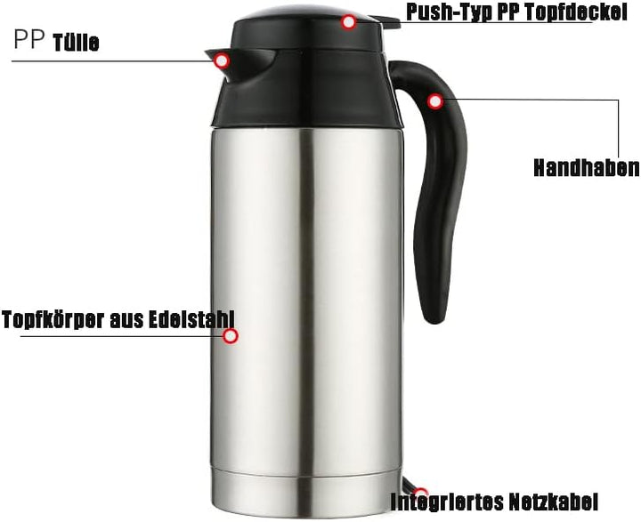Wasserkocher 12V, 600ml 120W Auto Edelstahl Wasserkocher,für Fernverkehr Autofahrt Camping im Freien