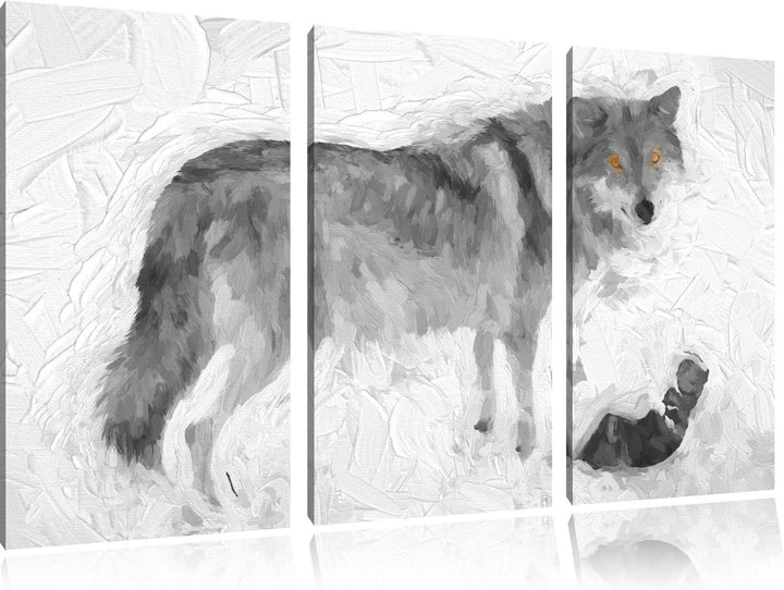 prächtiger Wolf im Schnee schwarz/weiss Deluxe 3-Teiler Leinwandbild 120x80 Bild auf Leinwand, XXL r