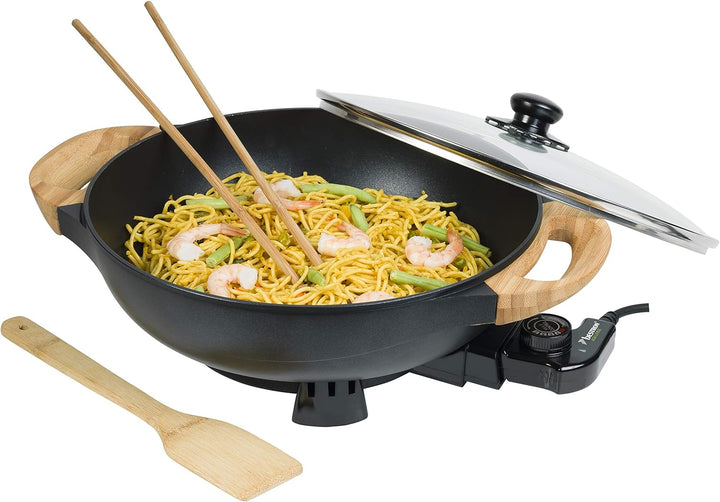 Bestron AEW100AS Elektrischer Wok mit Bambusgriffen, XL-Wokpfanne mit Glasdeckel im Asia Design, Ink