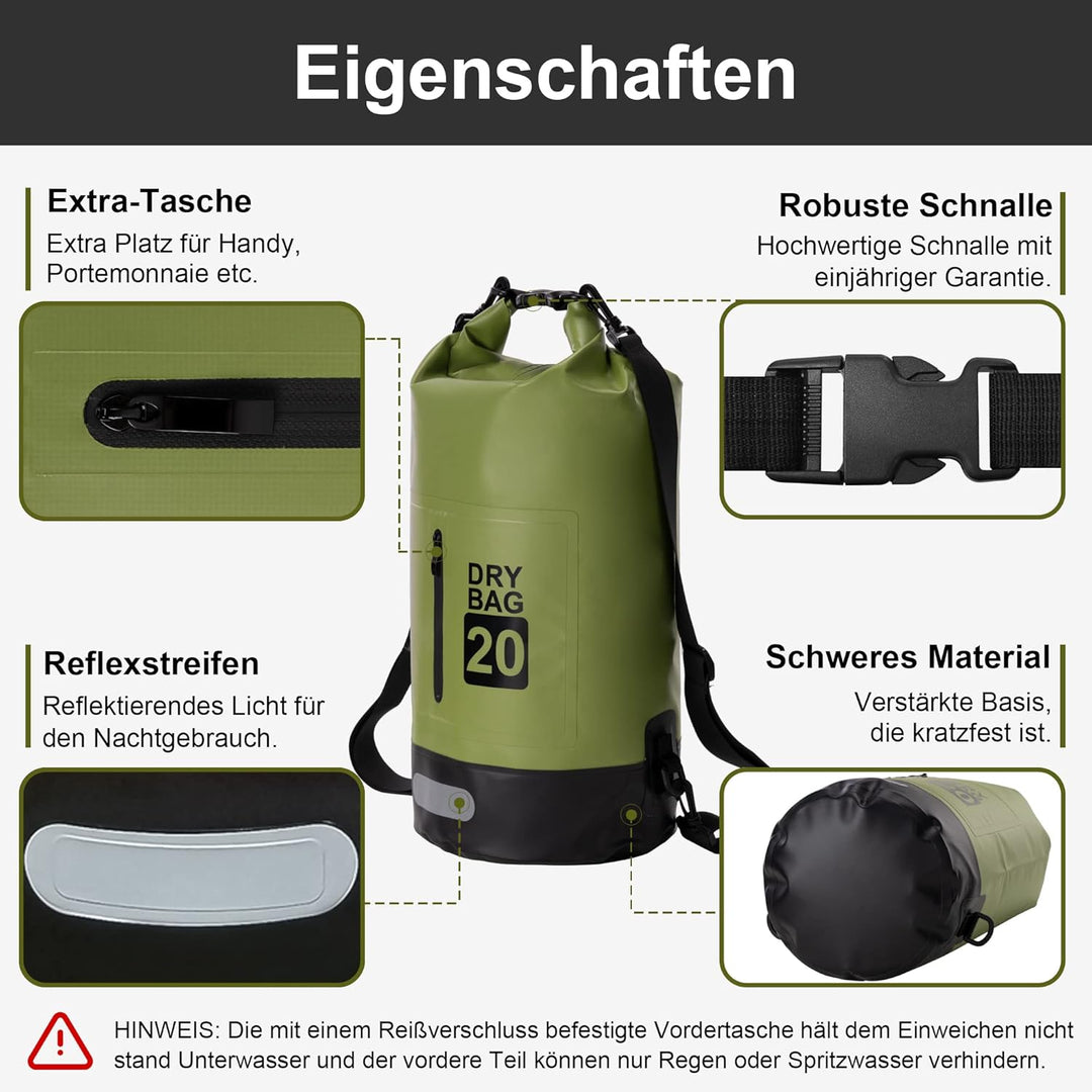 Dry Bag wasserdichte Tasche 5L/10L/20L/30L Wasserfester Beutel Packsack mit Langen Doppeltem Verstel