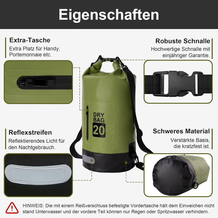 Dry Bag wasserdichte Tasche 5L/10L/20L/30L Wasserfester Beutel Packsack mit Langen Doppeltem Verstel