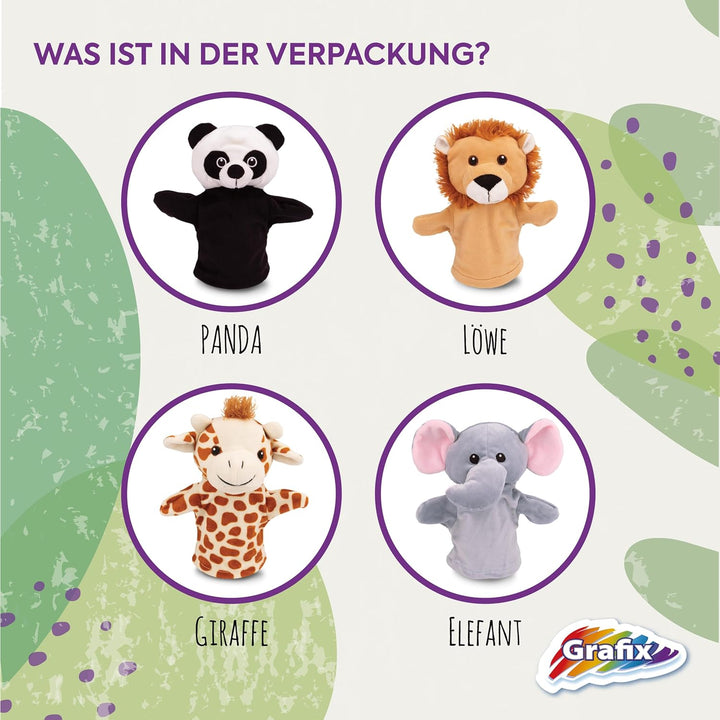 Grafix Tier Handpuppen für Kinder | Ihr eigenes Puppentheater in einer Box! | Set mit 4 handspielpup