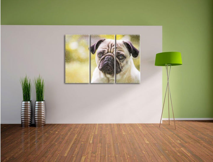 Pixxprint Mopsporträt Kunst Buntstift Effekt als Leinwandbild/Grösse: 3 Teilig (120x80) / Wandbild/K